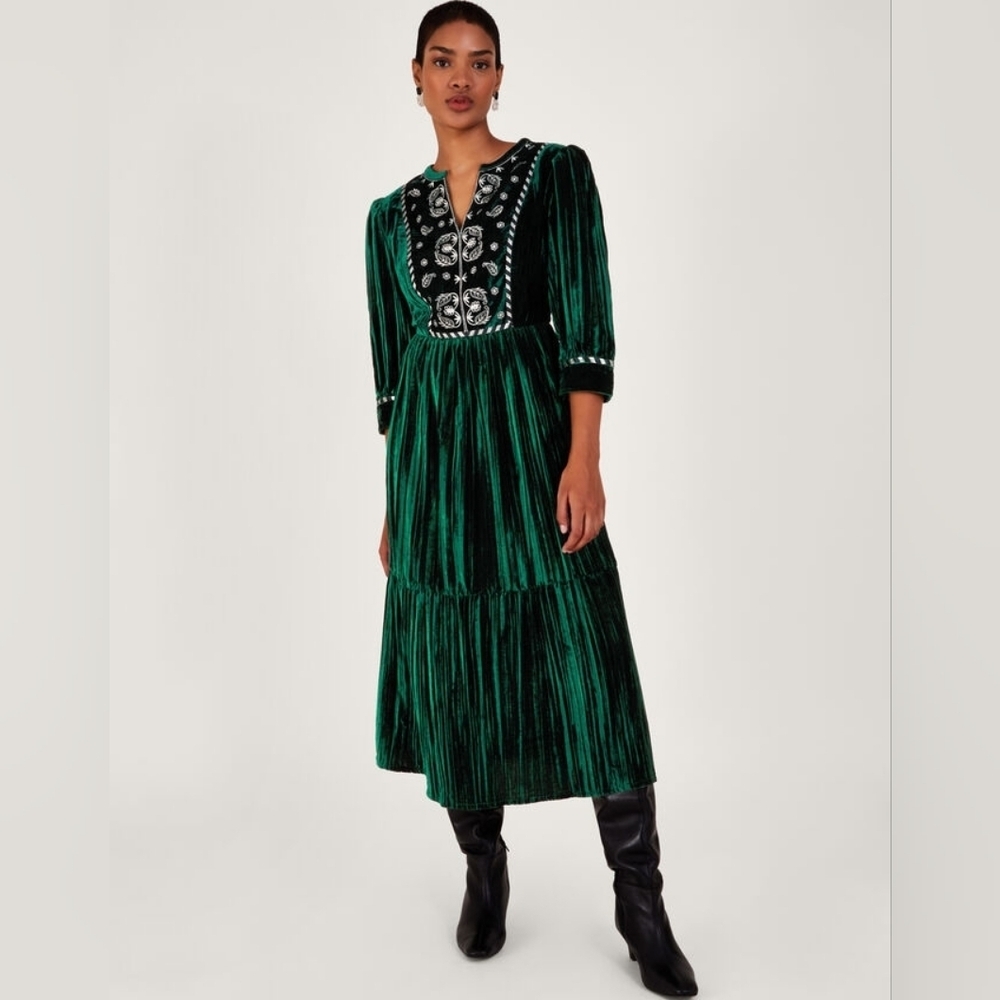 Monsoon Penny Paisley Embroidered Dress Green
